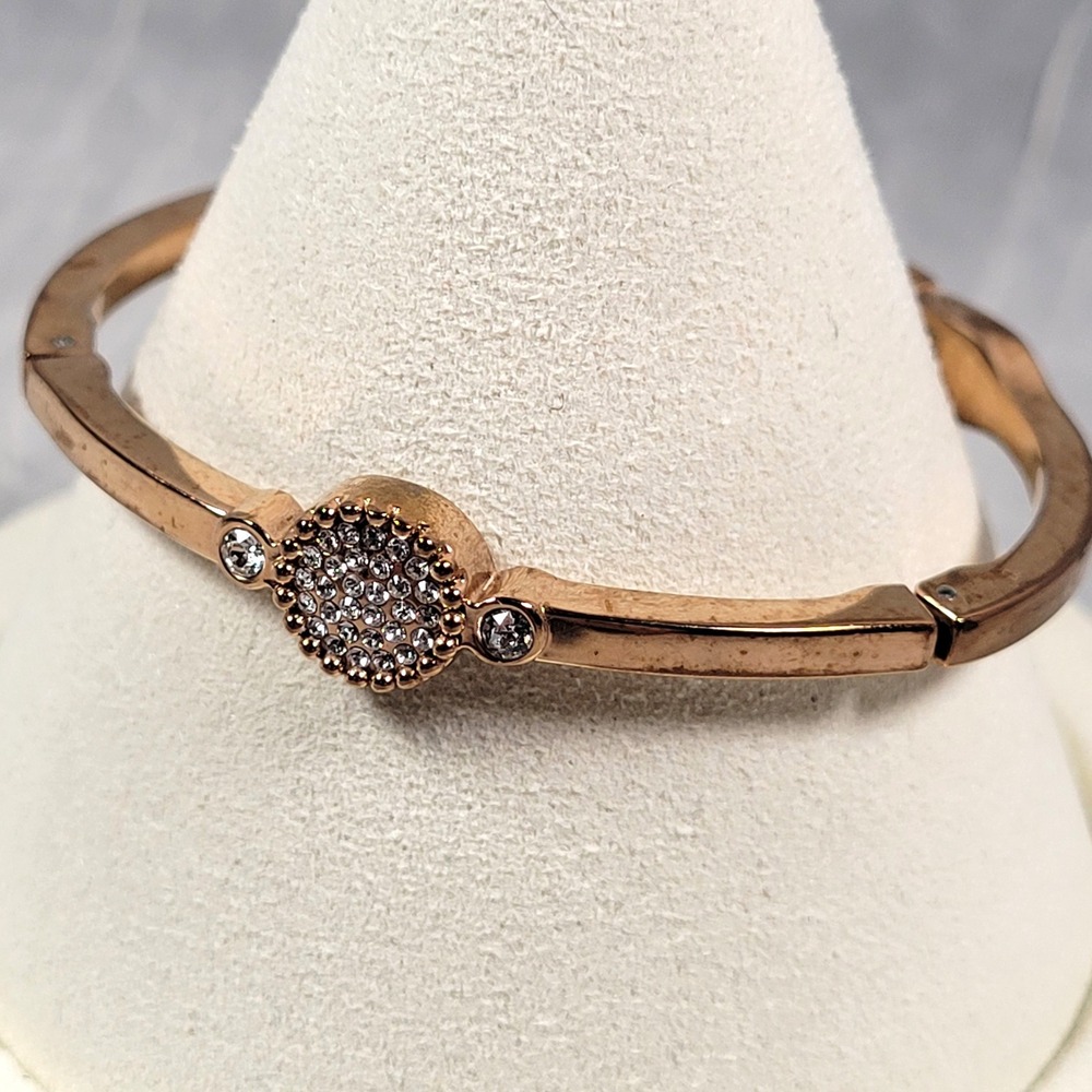 Anne Klein Bangle Bracelet Womens Rose Gold Tone Pavé Crystal Hinged Clasp